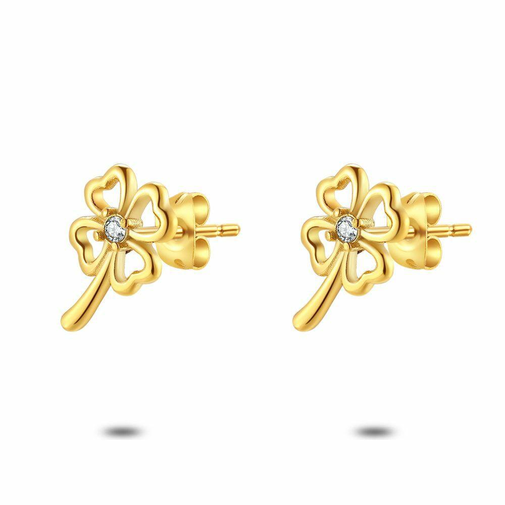 Earrings | Gold Coloured Stainless Steel Earrings, Open Clover, 1 Crystal Earrings Earrings