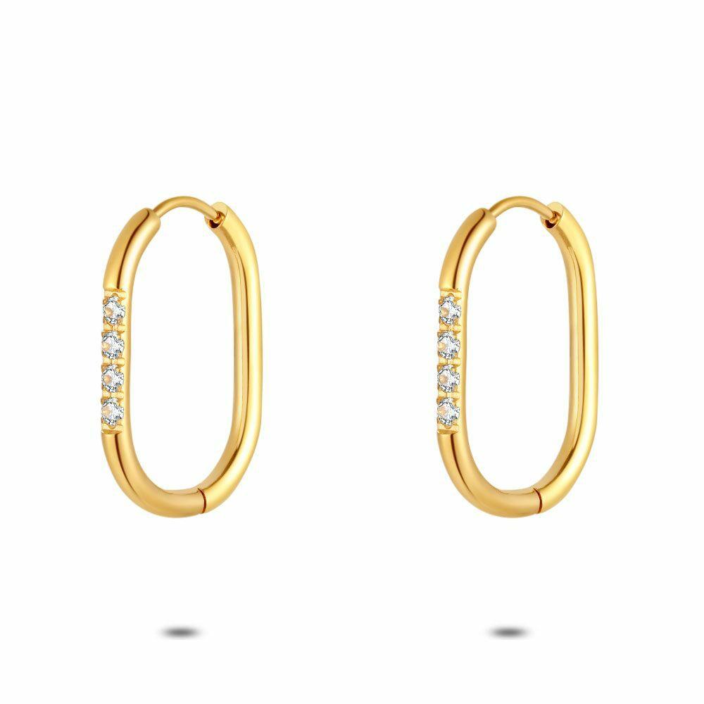 Earrings | Gold Coloured Stainless Steel Earrings, Oval Hoop Earring, Stones Earrings Earrings