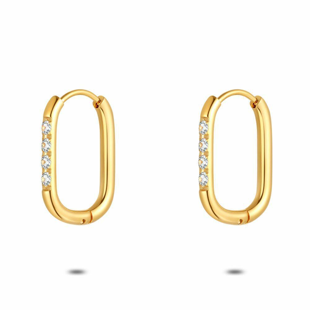 Earrings | Gold Coloured Stainless Steel Earrings, Oval Hoop Earring, Stones Earrings Earrings