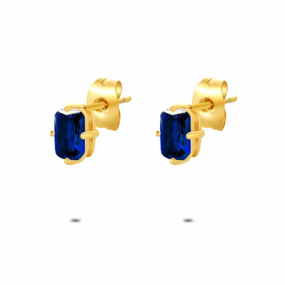 Earrings | Gold Coloured Stainless Steel Earrings, Rectangular Blue Zirconia Earrings Earrings