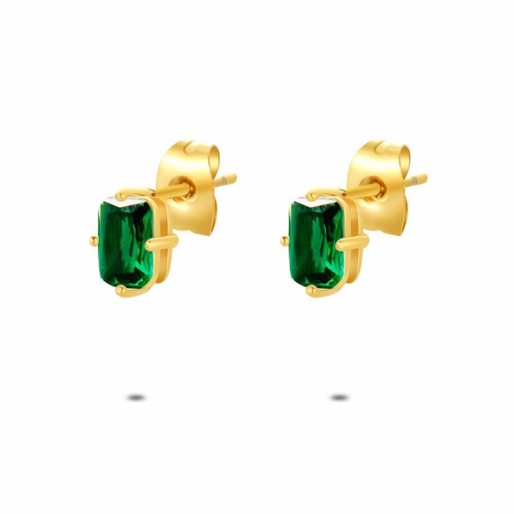 Earrings | Gold Coloured Stainless Steel Earrings, Rectangular Green Zirconia Earrings Earrings