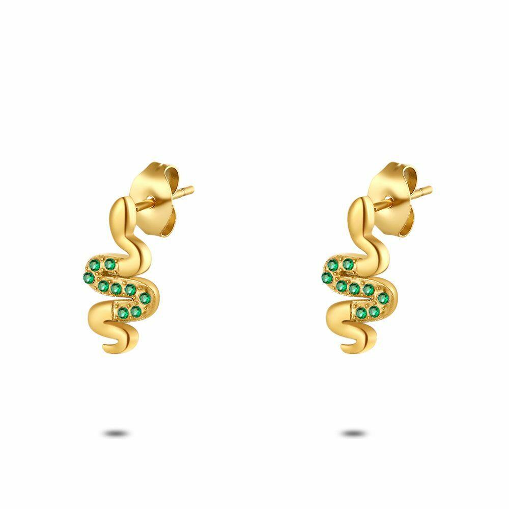 Earrings | Gold Coloured Stainless Steel Earrings, Snake, Green Crystals Earrings Earrings