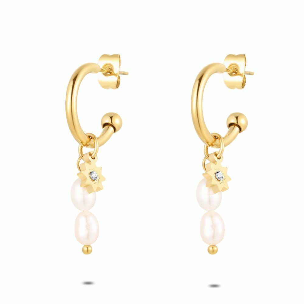 Earrings | Gold Coloured Stainless Steel Earrings, Star And Pearls Earrings Earrings