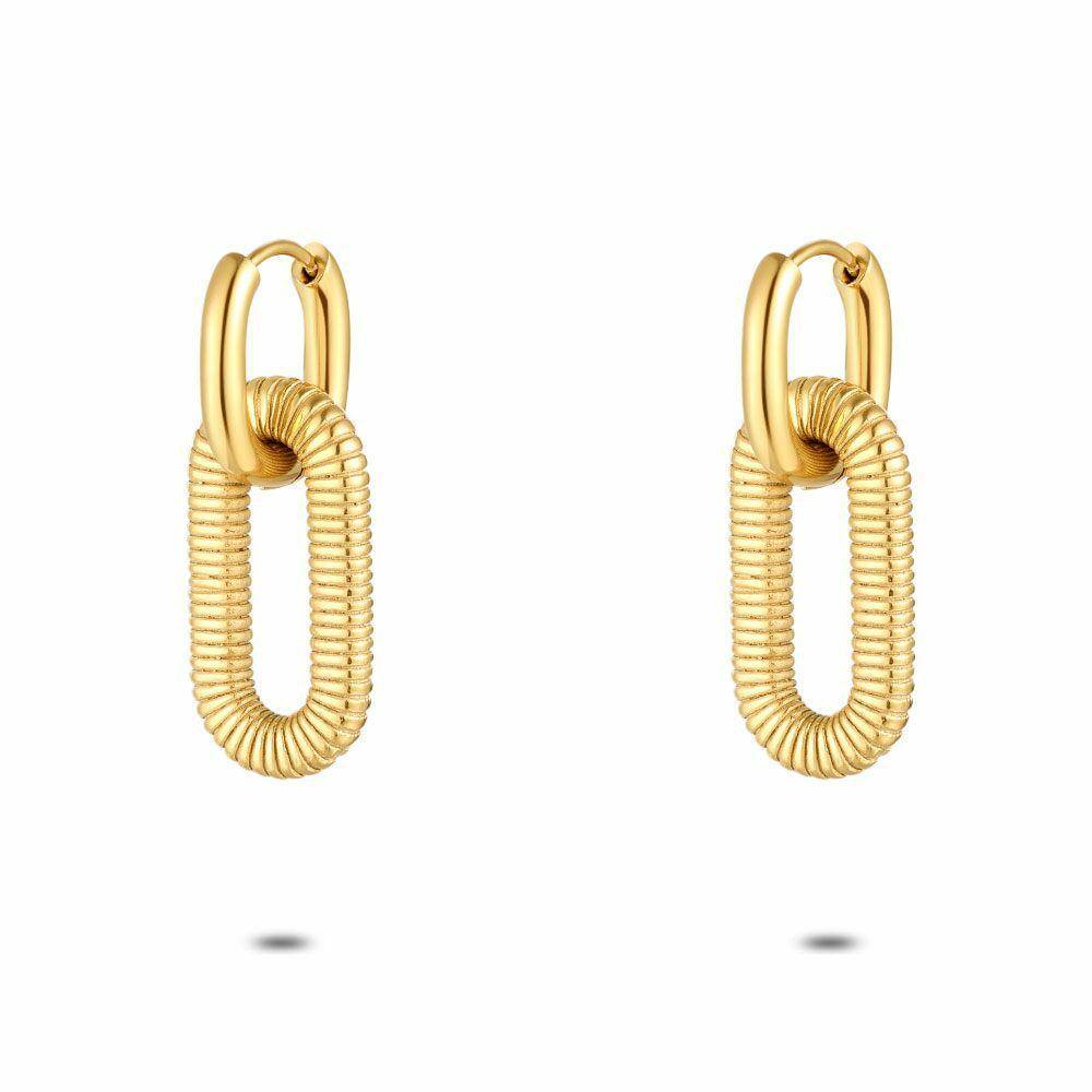 Earrings | Gold Coloured Stainless Steel Earrings, Striped Oval Earrings Earrings