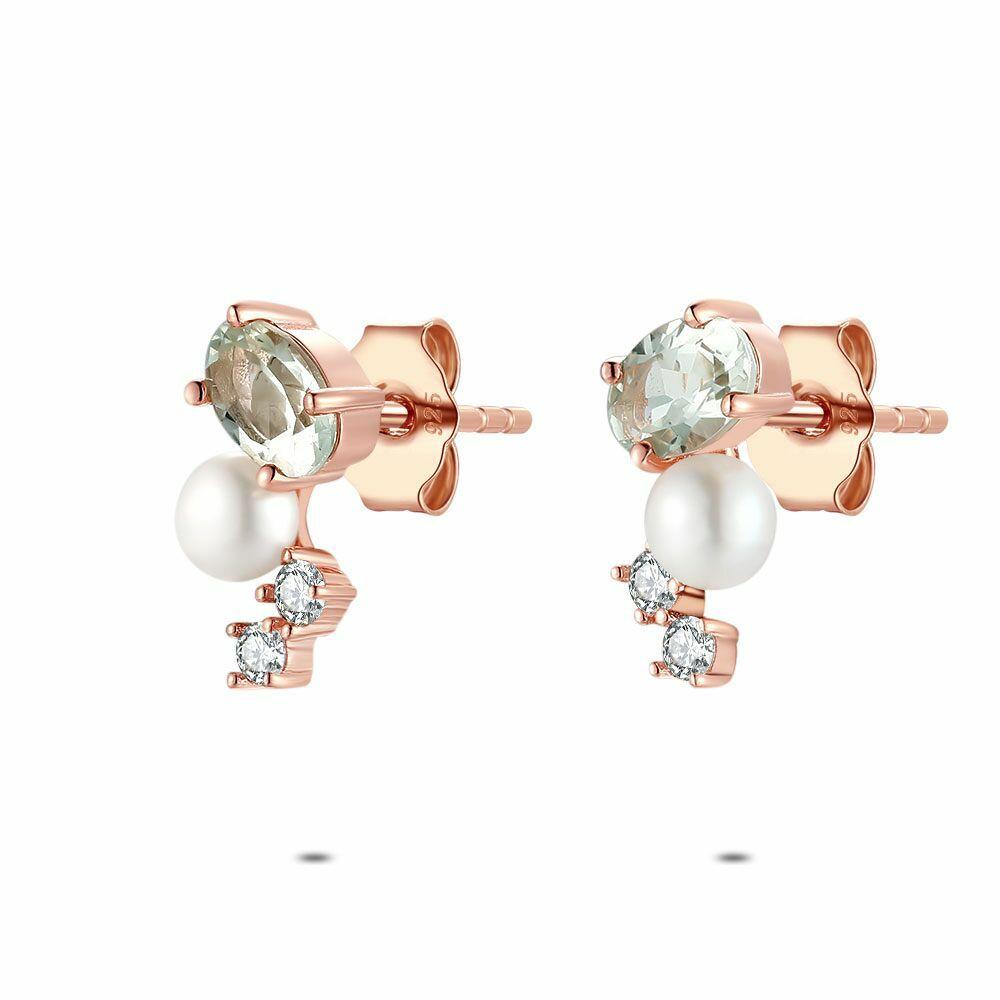 Earrings | Rosé Silver Earrings, Pearl, Green And White Stones Earrings Earrings