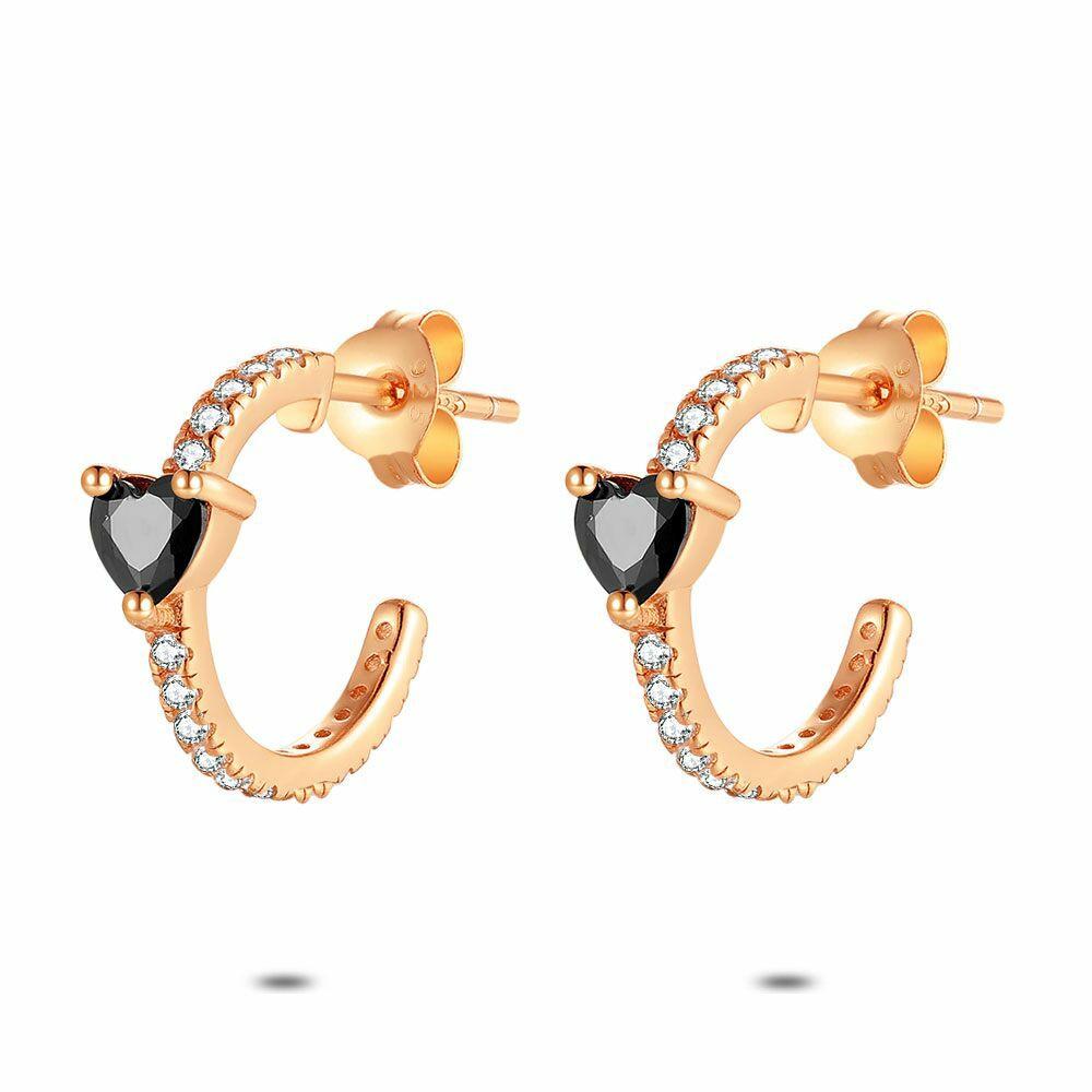 Earrings | Rosé Silver Open Earrings With Black Heart-Shaped Zirconia Earrings Earrings