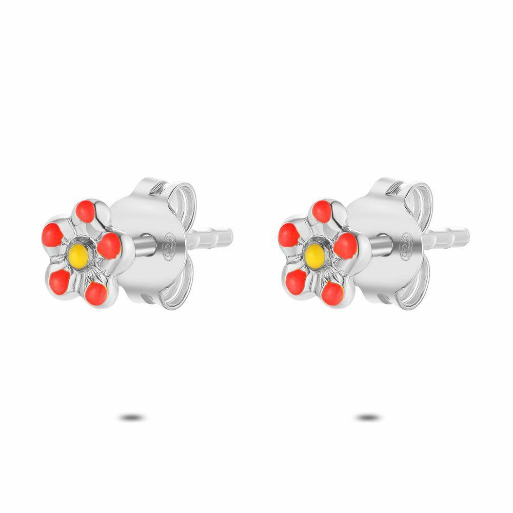 Earrings | Silver Earrings, Flower With Red Petals Earrings Earrings