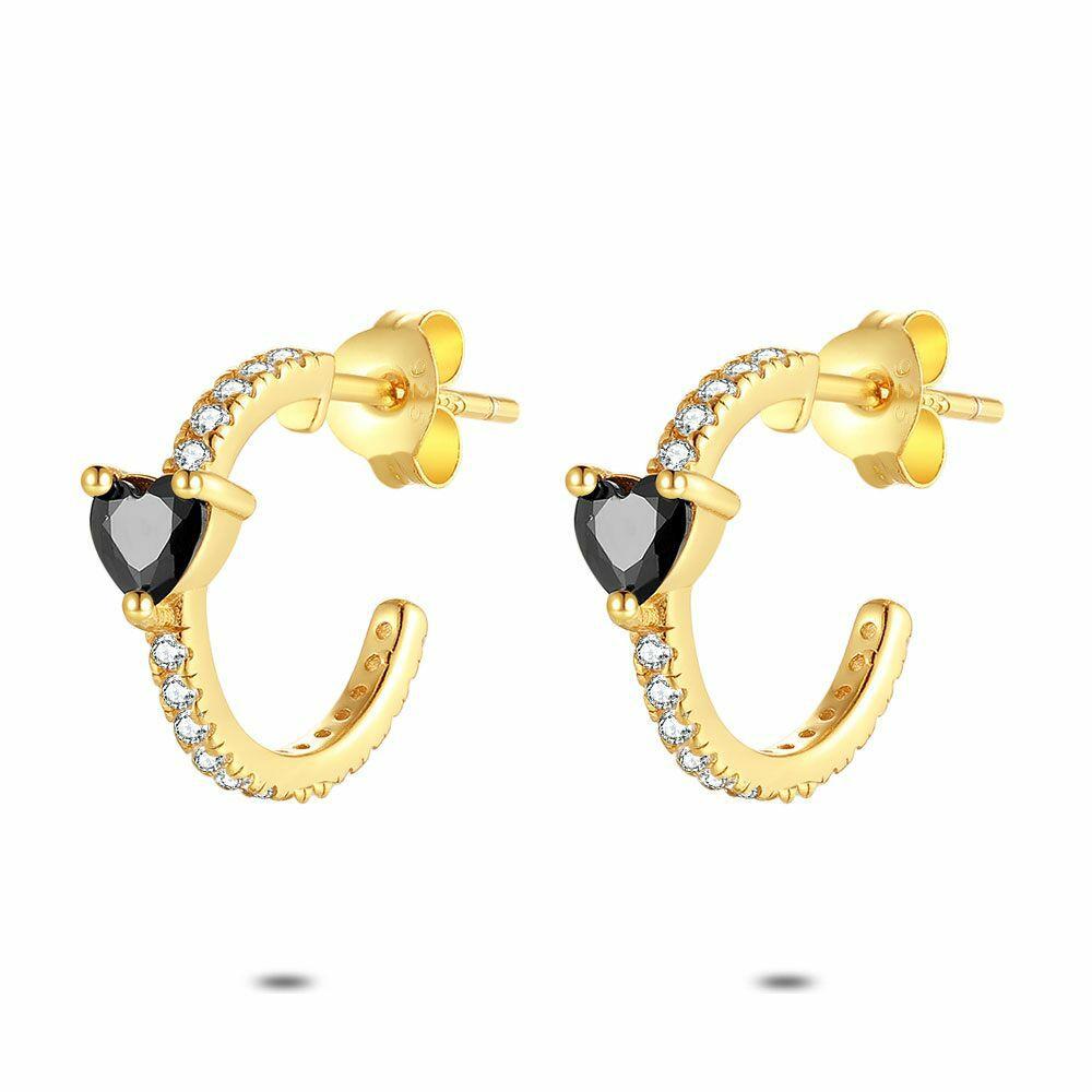 Earrings | Silver Earrings, Gold Tone, Open Hoops With Black Heart-Shaped Zirconia, 13Mm. Earrings Earrings