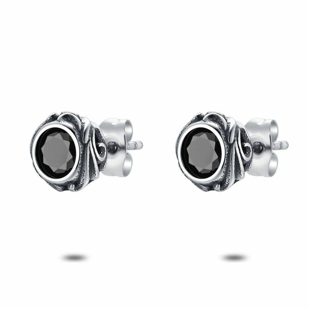 Earrings | Stainless Steel Earrings, 1 Black Zirconia In Earring With Curls Earrings Earrings