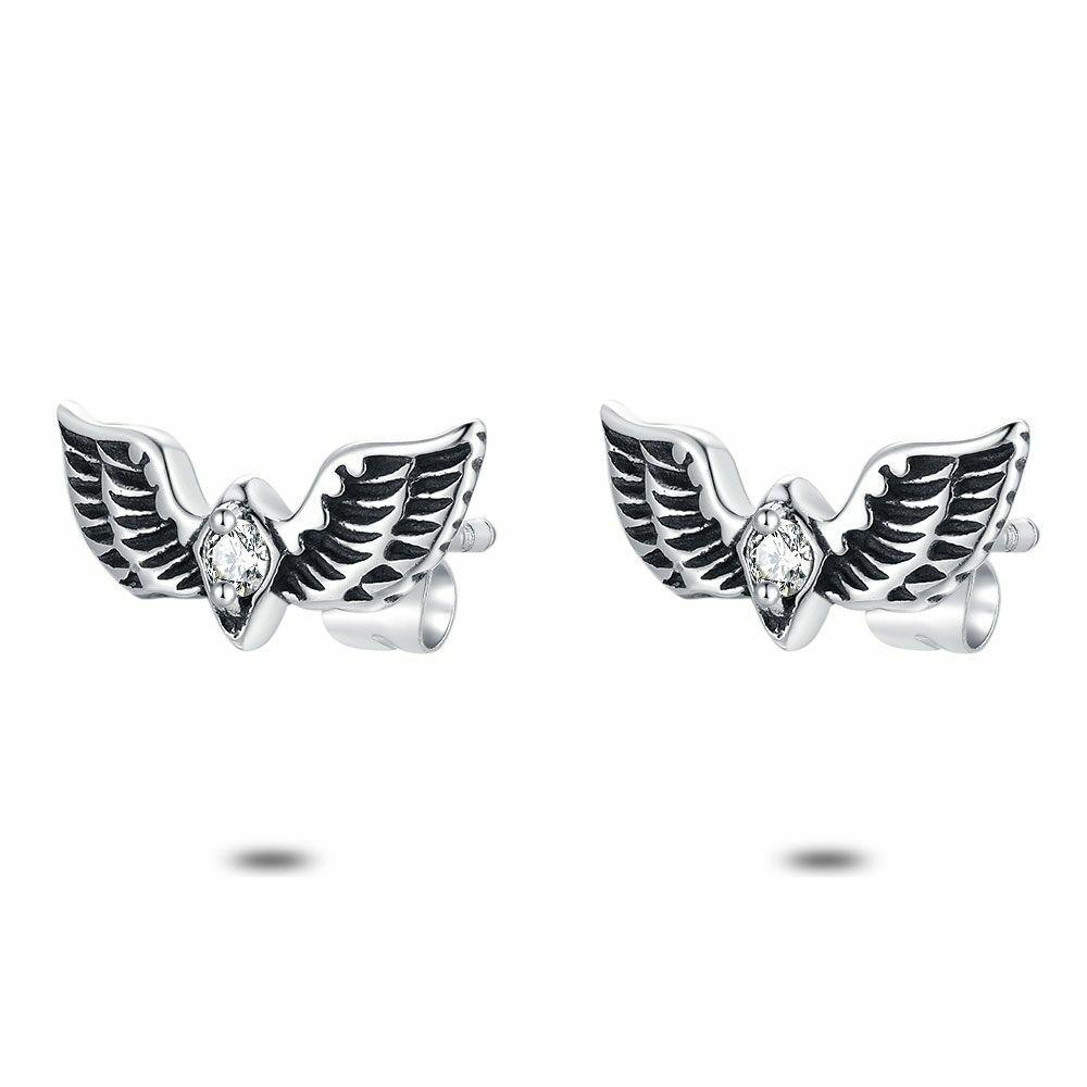 Earrings | Stainless Steel Earrings, Wings, 1 White Zirconia, On The Ear. Mens Earrings