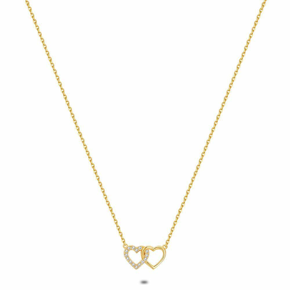 Necklaces | 18Ct Gold Plated Silver Necklace, 2 Open Hearts, Zirconia Necklaces Necklaces