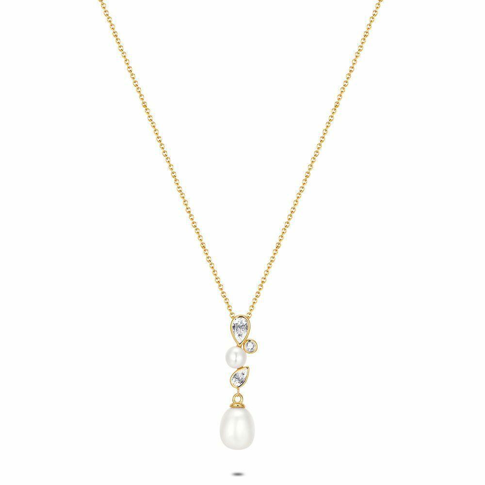 Necklaces | 18Ct Gold Plated Silver Necklace, 2 Pearls, 3 Stones Necklaces Necklaces