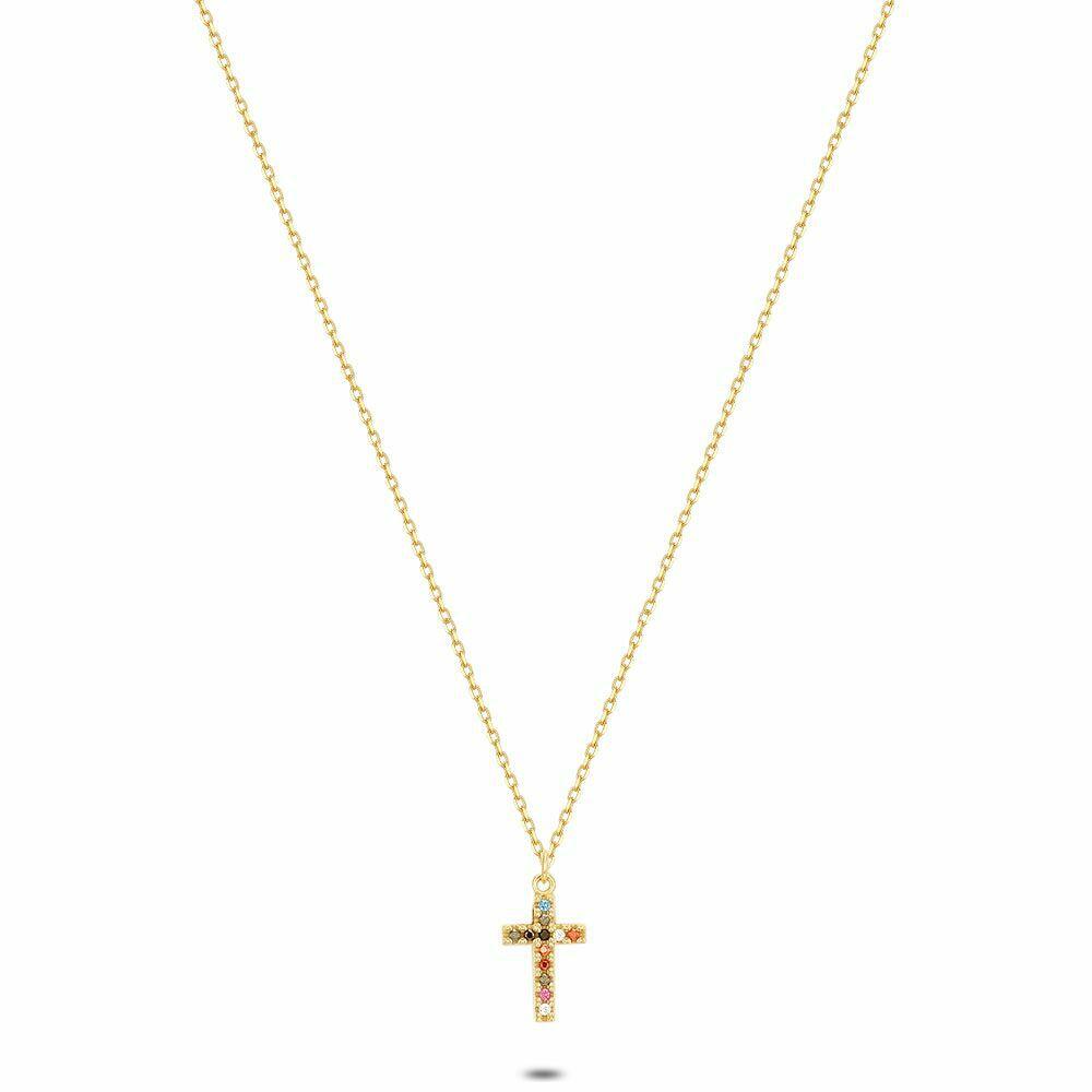 Necklaces | 18Ct Gold Plated Silver Necklace, Cross In Multi-Colored Zirconia Necklaces Necklaces