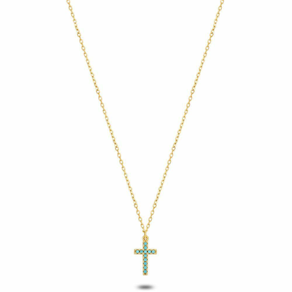 Necklaces | 18Ct Gold Plated Silver Necklace, Cross, Turquoise Zirconia Necklaces Necklaces