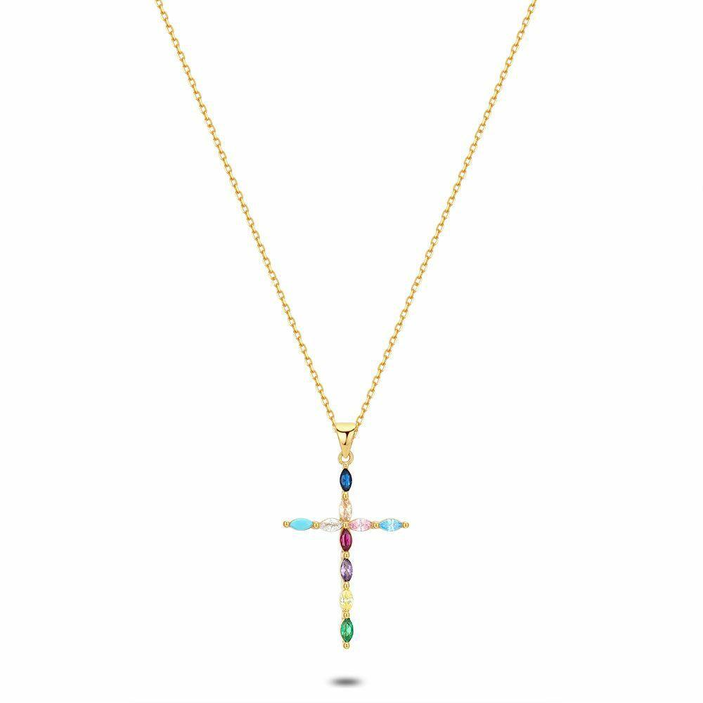 Necklaces | 18Ct Gold Plated Silver Necklace, Cross, Zirconia, Multi-Colored Necklaces Necklaces