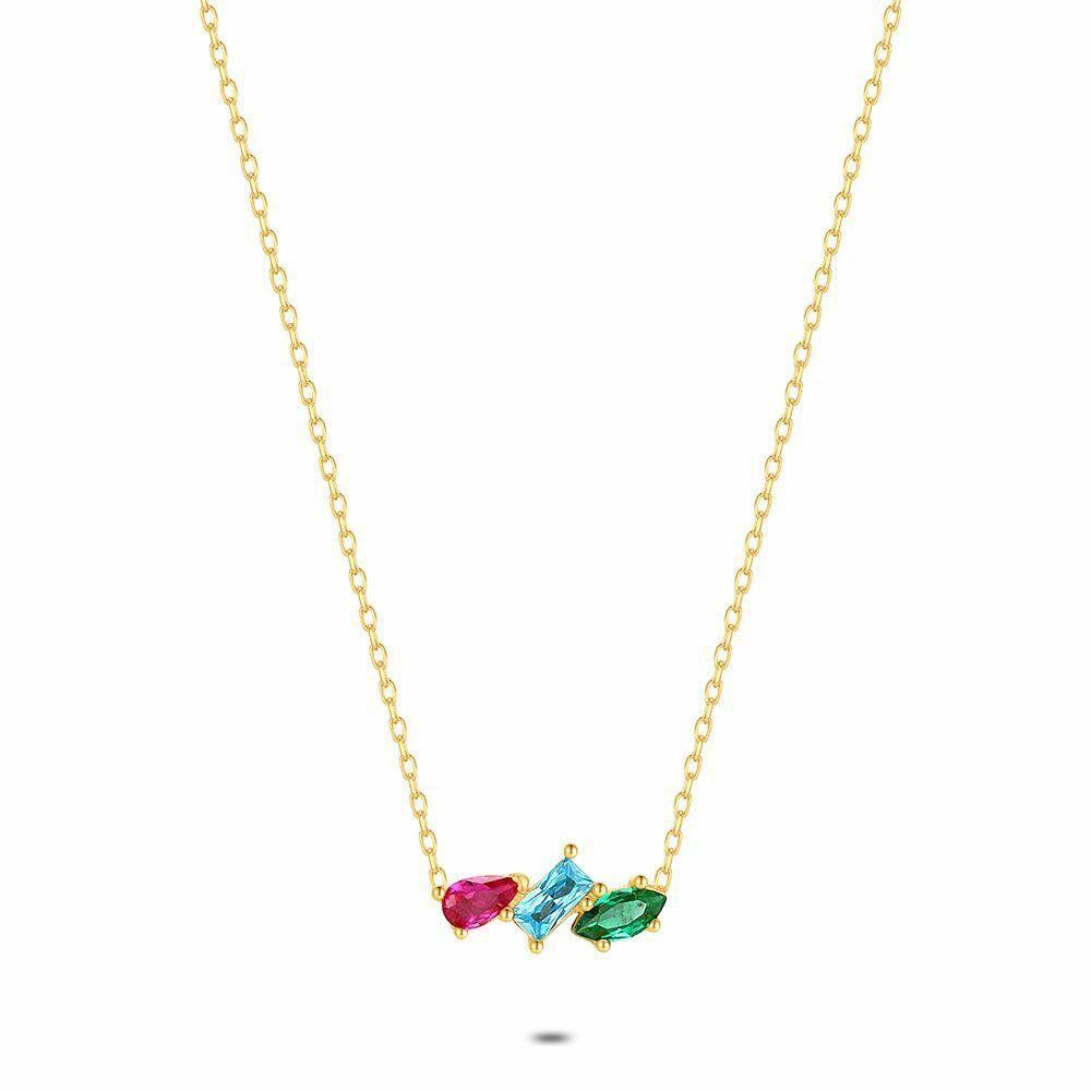 Necklaces | 18Ct Gold Plated Silver Necklace, Green, Blue And Pink Zirconia Necklaces Necklaces