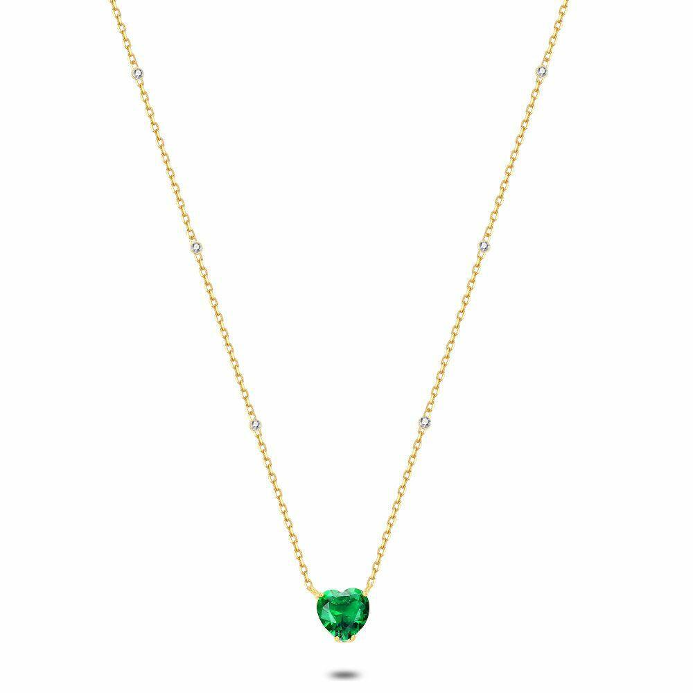 Necklaces | 18Ct Gold Plated Silver Necklace, Green Heart In Zirconia, Tiny White Zirconia Necklaces Necklaces