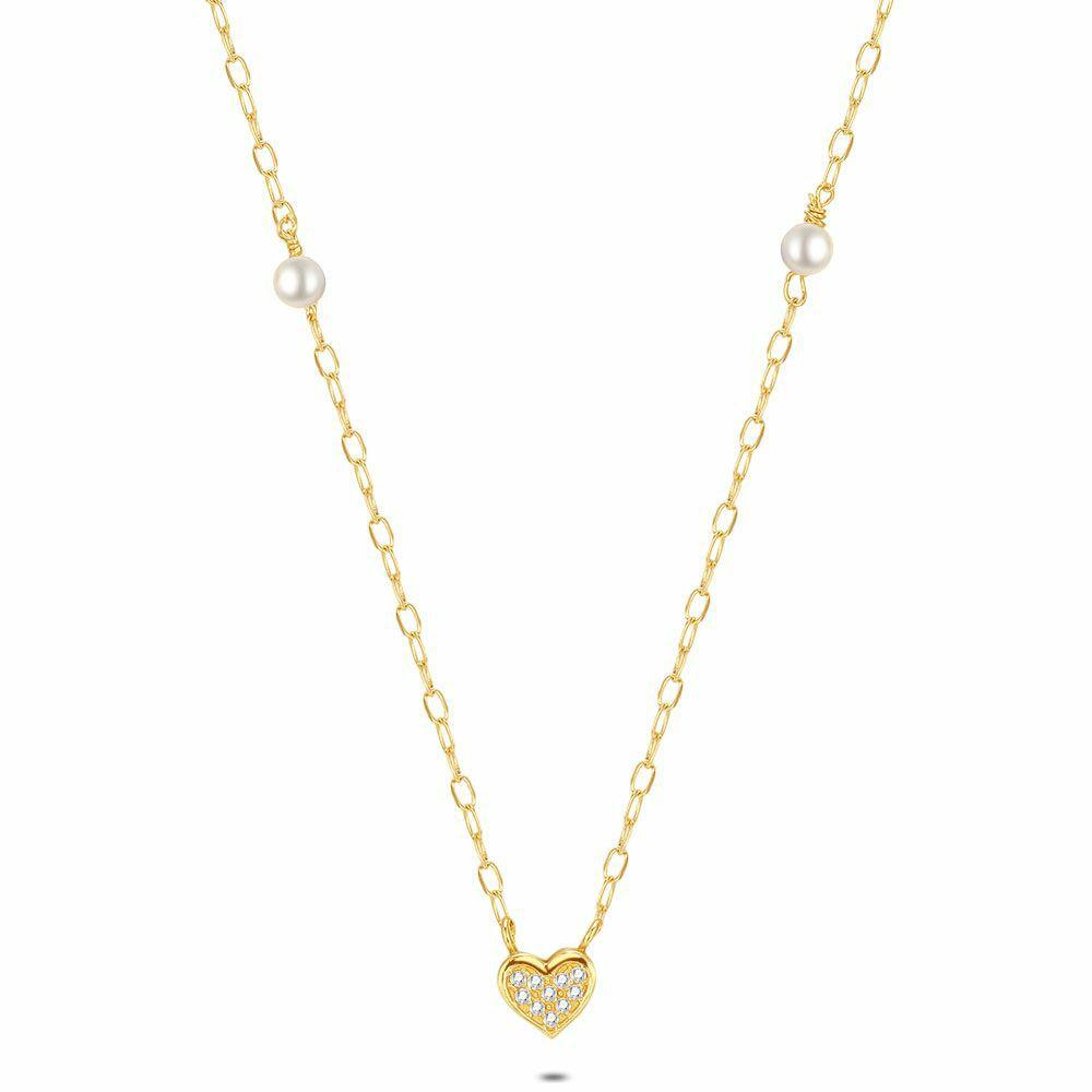 Necklaces | 18Ct Gold Plated Silver Necklace, Heart And Pearls Necklaces Necklaces