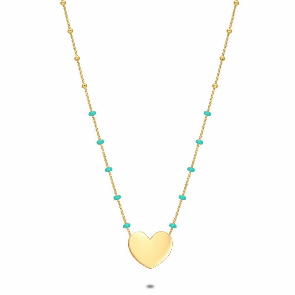 Necklaces | 18Ct Gold Plated Silver Necklace, Heart With Gold Colored Balls, Turquoise Enamel Dots Necklaces Necklaces