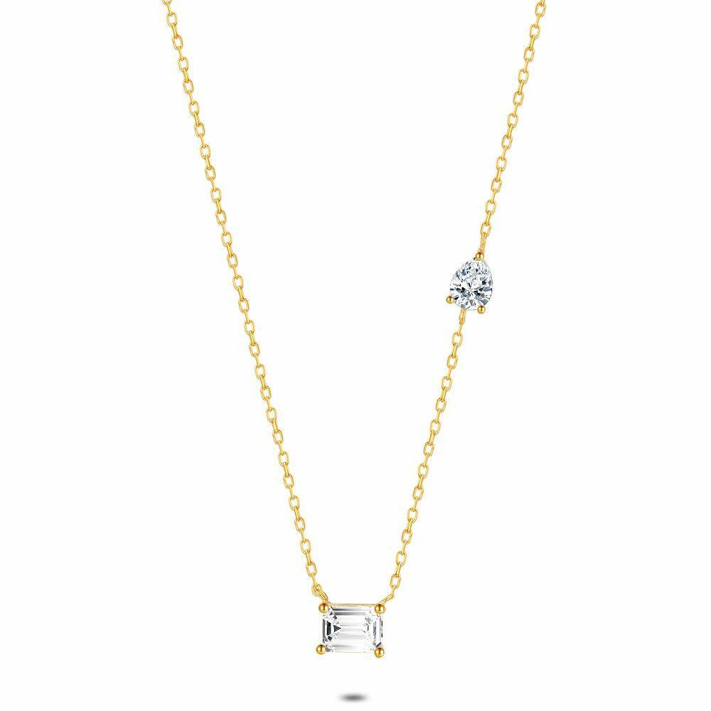 Necklaces | 18Ct Gold Plated Silver Necklace, Rectangle And Drop, Zirconia Necklaces Necklaces