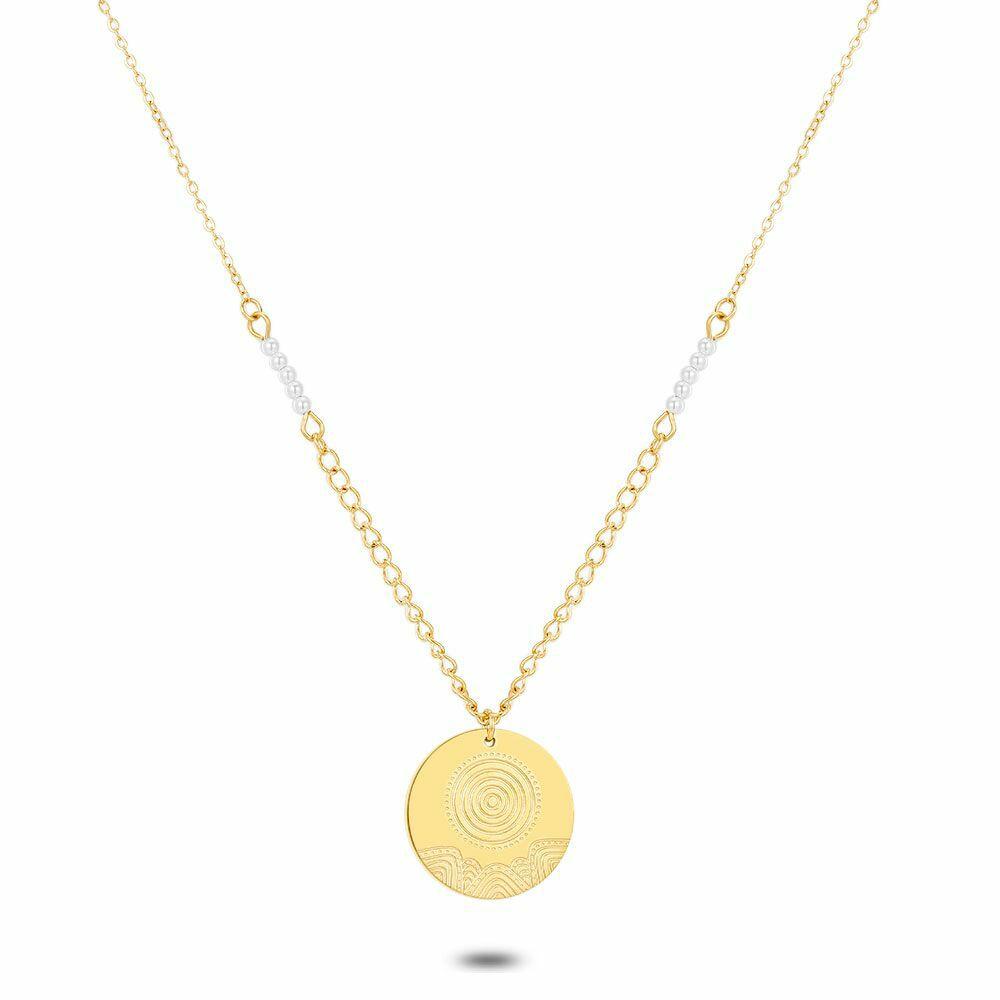 Necklaces | Gold Coloured Stainless Steel Necklace, 10 Pearls, Round With Drawing Necklaces Necklaces