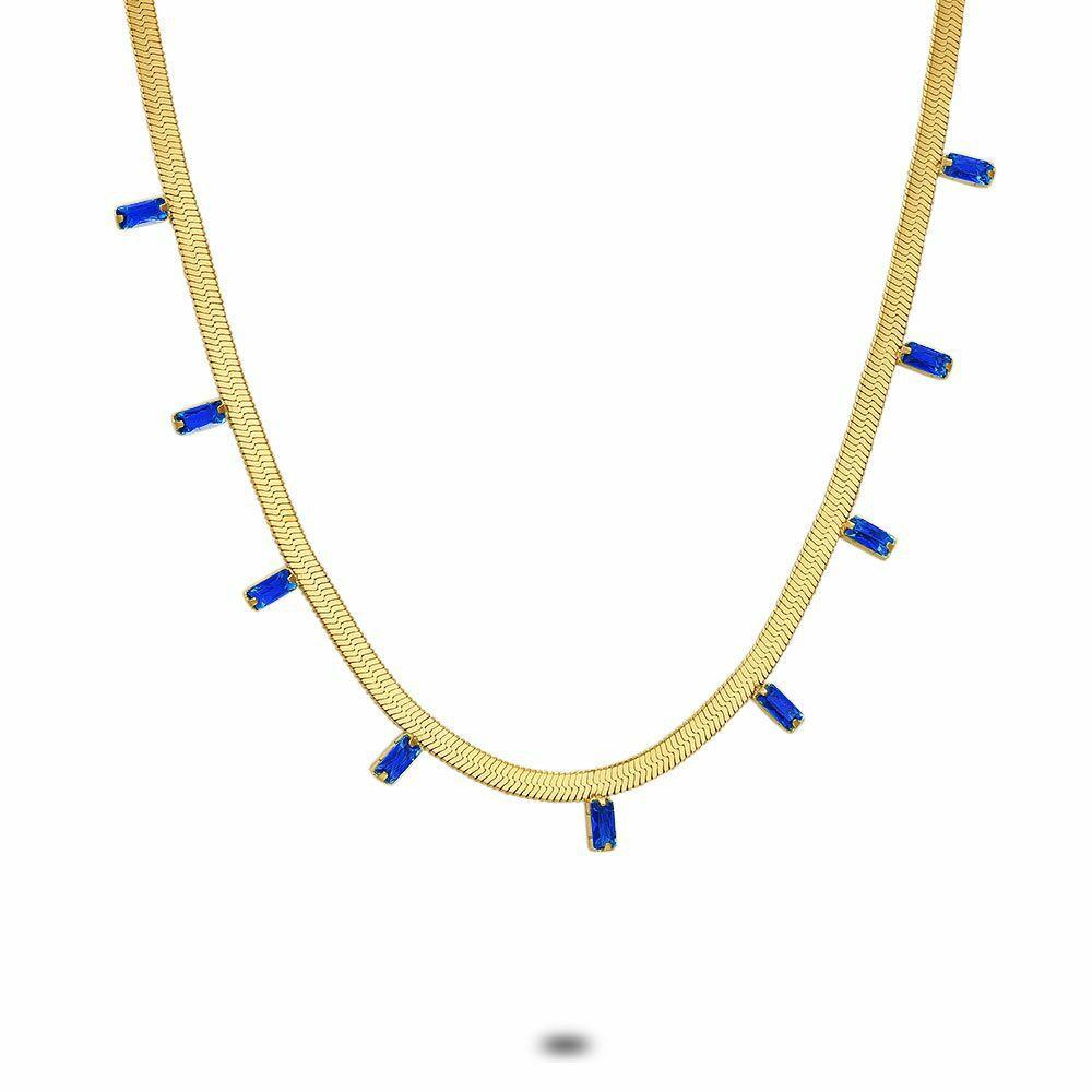 Necklaces | Gold Coloured Stainless Steel Necklace, 9 Blue Rectangular Zirconia Necklaces Necklaces