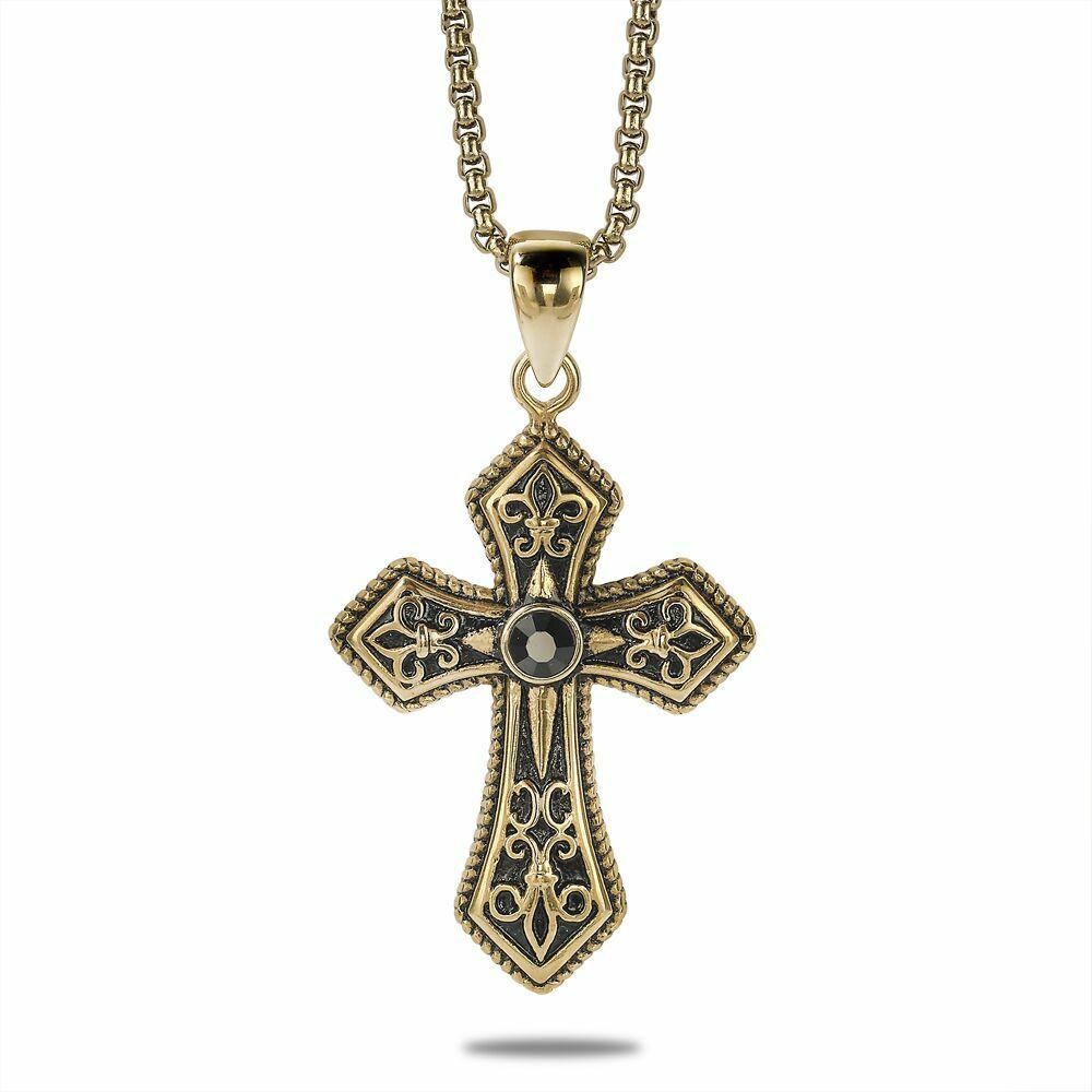 Necklaces | Gold-Coloured Stainless Steel Necklace, Big Cross, Black Mens Mens