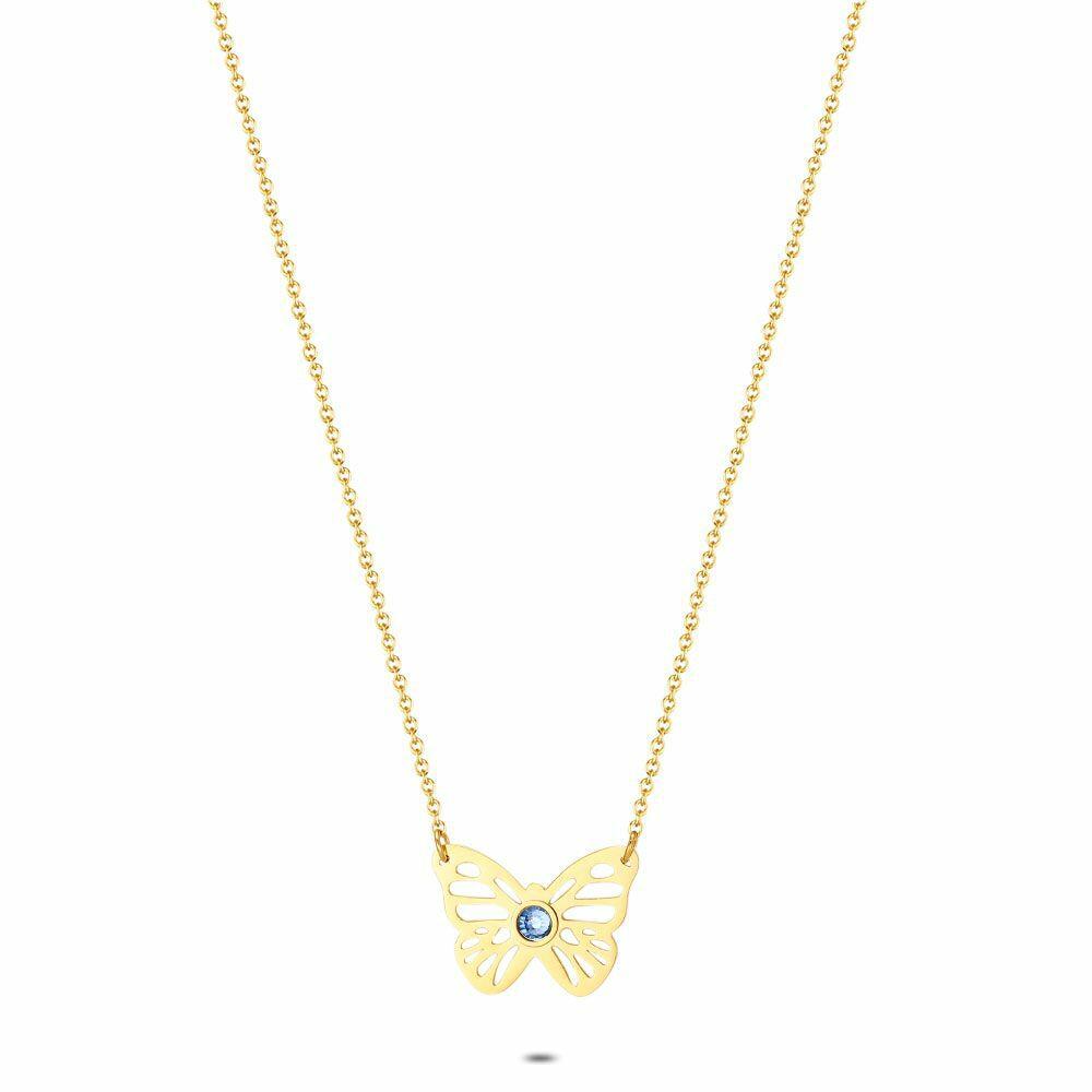 Necklaces | Gold Coloured Stainless Steel Necklace, Butterfly, Blue Stone Necklaces Necklaces