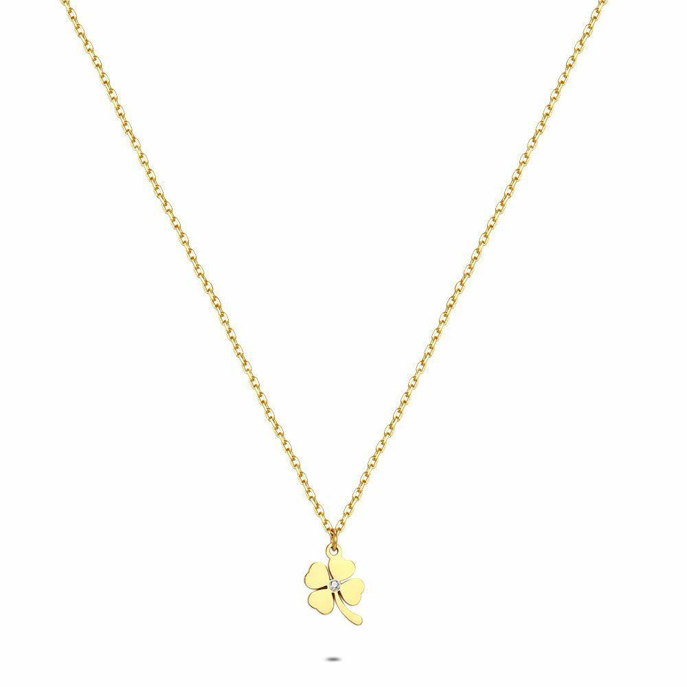 Necklaces | Gold Coloured Stainless Steel Necklace, Clover, Small Stone Necklaces Necklaces