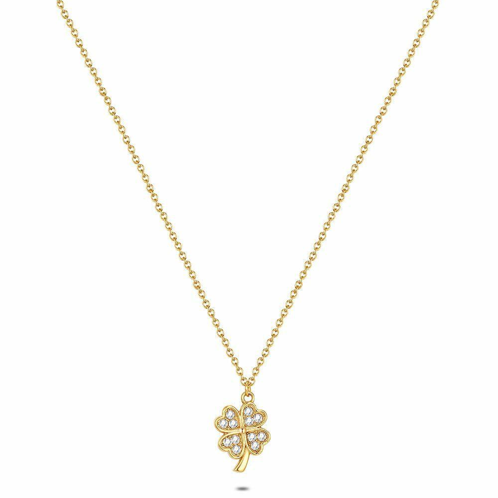 Necklaces | Gold Coloured Stainless Steel Necklace, Clover, Stones Necklaces Necklaces