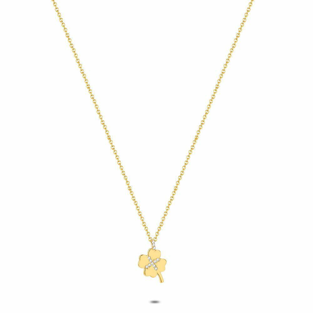 Necklaces | Gold Coloured Stainless Steel Necklace, Clover With Stones Necklaces Necklaces