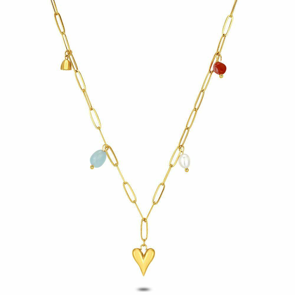 Necklaces | Gold Coloured Stainless Steel Necklace, Coloured Balls, Heart Necklaces Necklaces