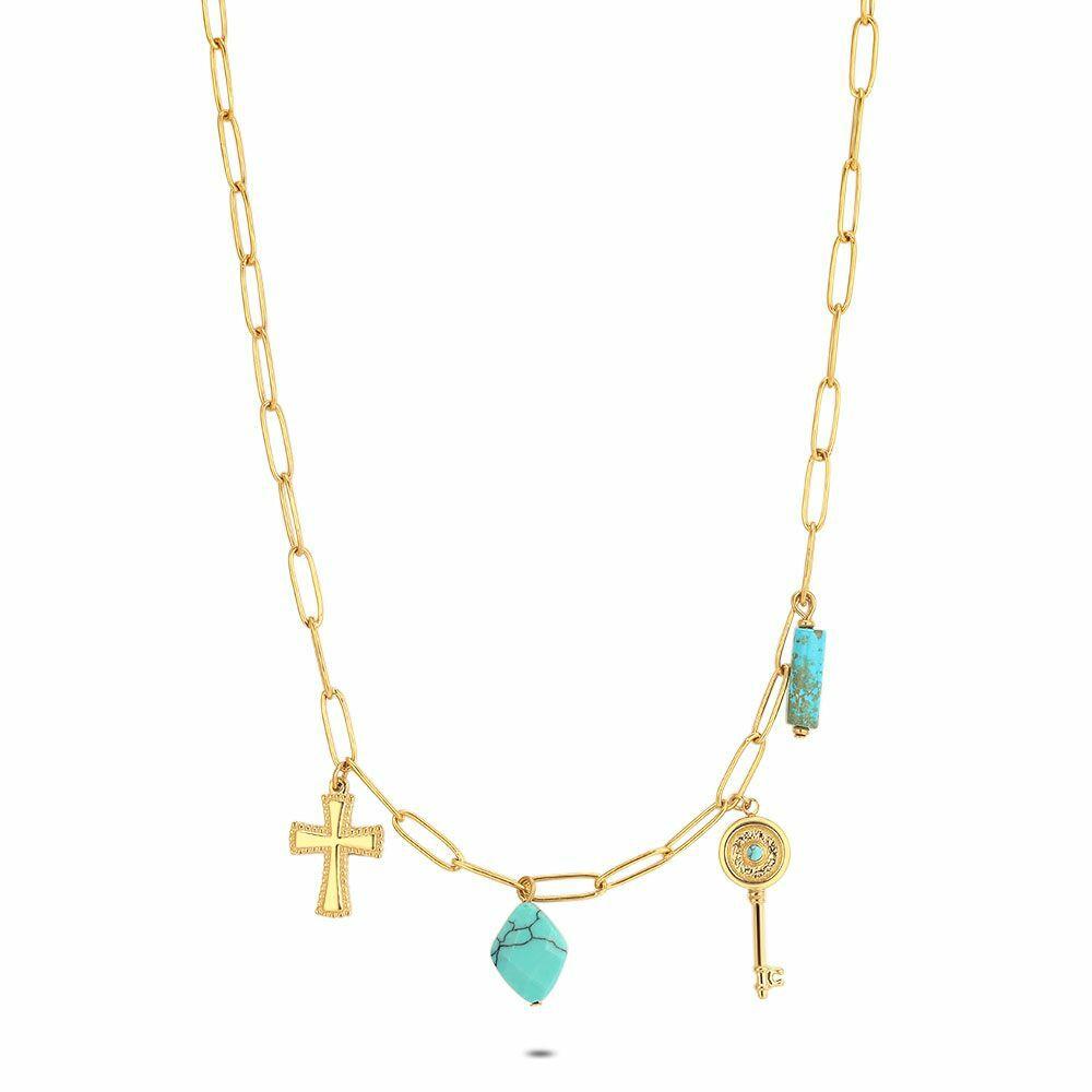 Necklaces | Gold Coloured Stainless Steel Necklace, Cross And Key Necklaces Necklaces