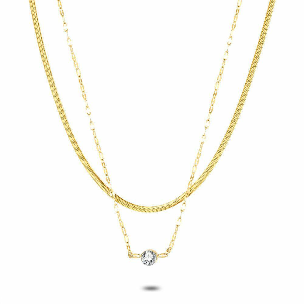 Necklaces | Gold Coloured Stainless Steel Necklace, Double Chain, 1 Zirconia, Snake Chain Necklaces Necklaces