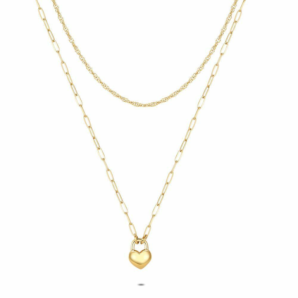 Necklaces | Gold Coloured Stainless Steel Necklace, Double Chain, Heart Necklaces Necklaces