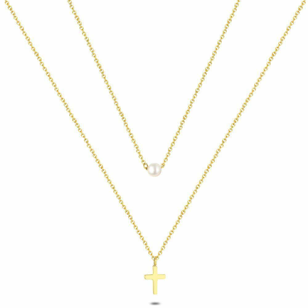 Necklaces | Gold Coloured Stainless Steel Necklace, Double, Cross And Pearl Necklaces Necklaces