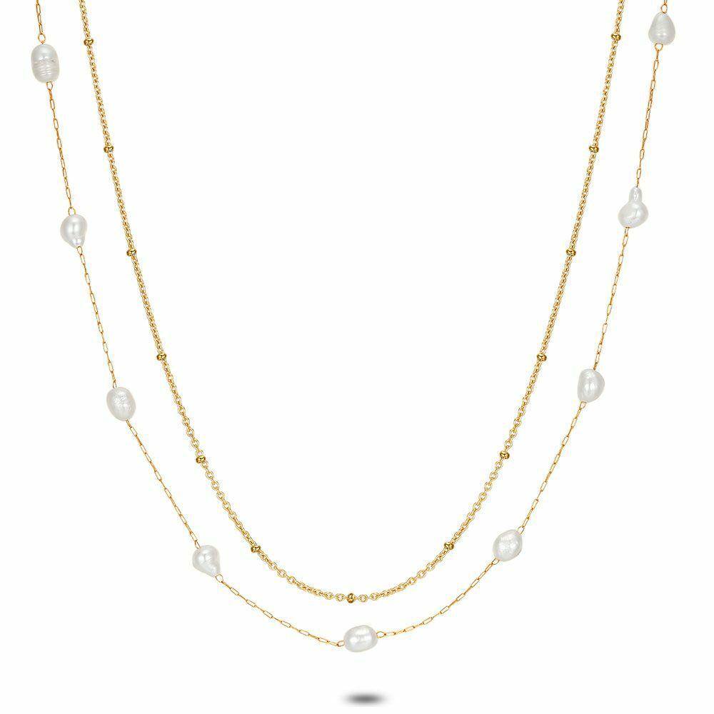 Necklaces | Gold Coloured Stainless Steel Necklace, Double Necklace With 9 Freshwater Pearls Necklaces Necklaces