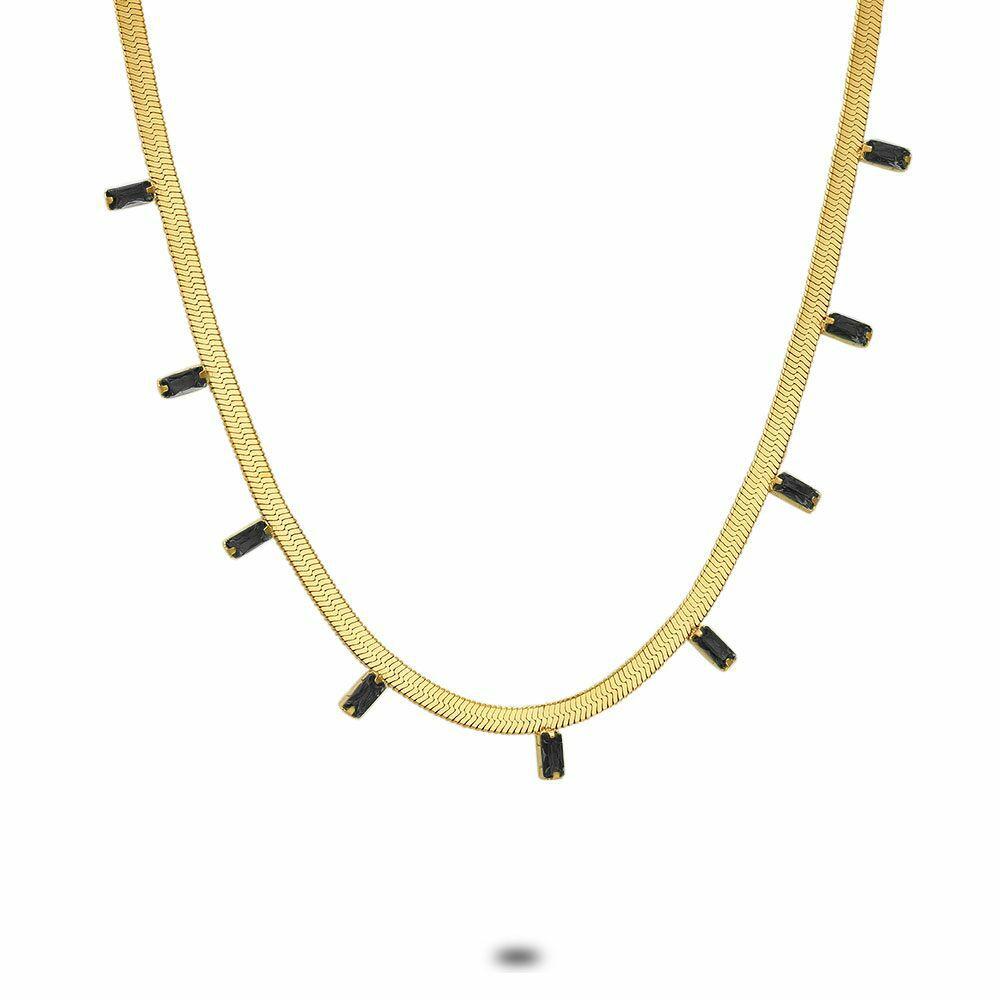 Necklaces | Gold Coloured Stainless Steel Necklace, Flat Snake, 9 Rectangular Black Zirconia Necklaces Necklaces