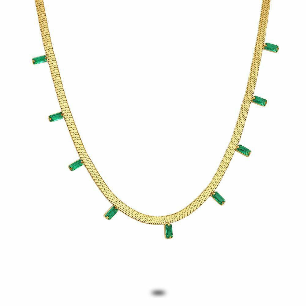 Necklaces | Gold Coloured Stainless Steel Necklace, Flat Snake, 9 Rectangular Green Zirconia Necklaces Necklaces