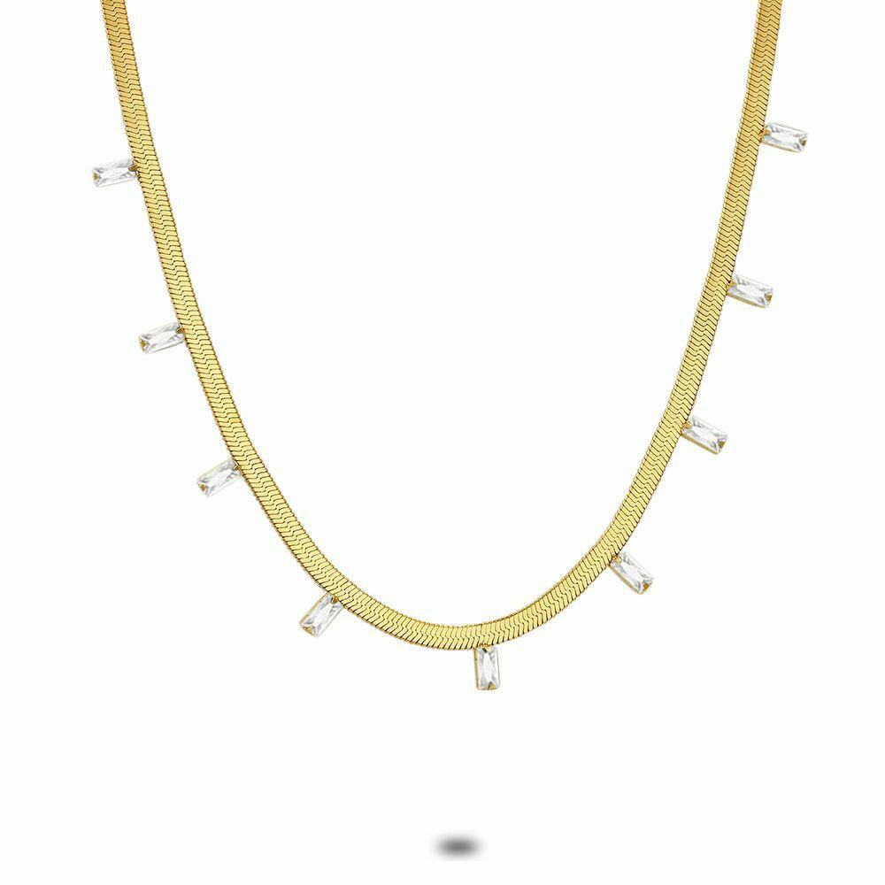 Necklaces | Gold Coloured Stainless Steel Necklace, Flat Snake, 9 Rectangular White Zirconia Necklaces Necklaces