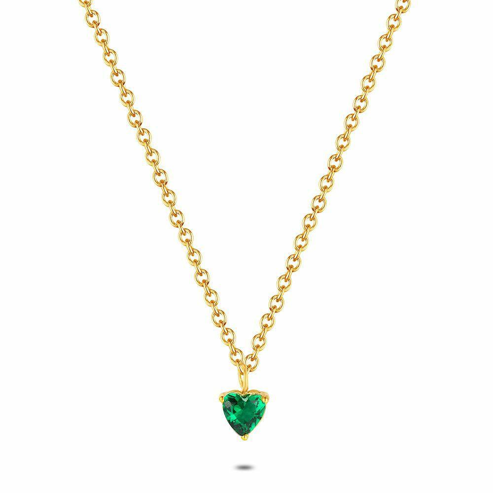 Necklaces | Gold Coloured Stainless Steel Necklace, Green Heart Necklaces Necklaces