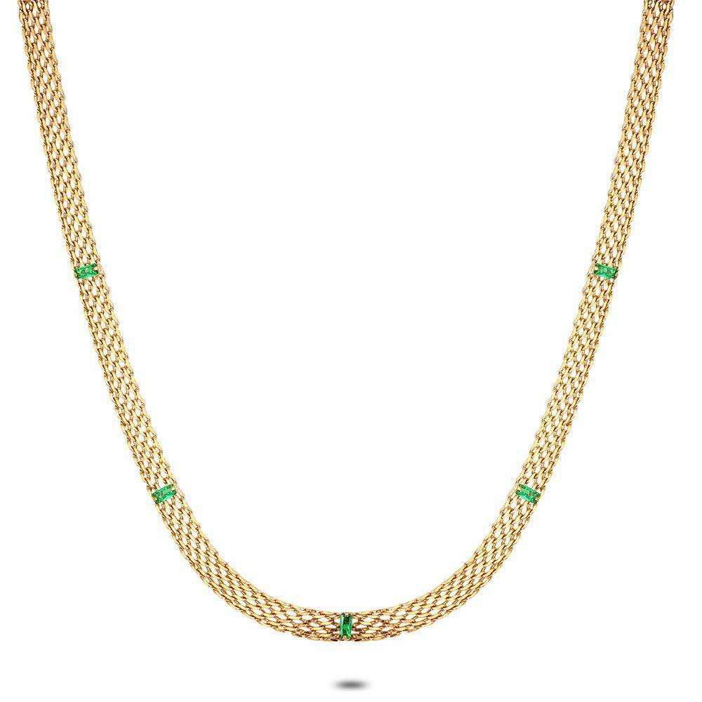 Necklaces | Gold Coloured Stainless Steel Necklace, Green Rectangular Zirconia Necklaces Necklaces