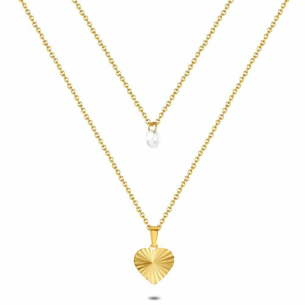 Necklaces | Gold Coloured Stainless Steel Necklace, Heart And Crystal Necklaces Necklaces