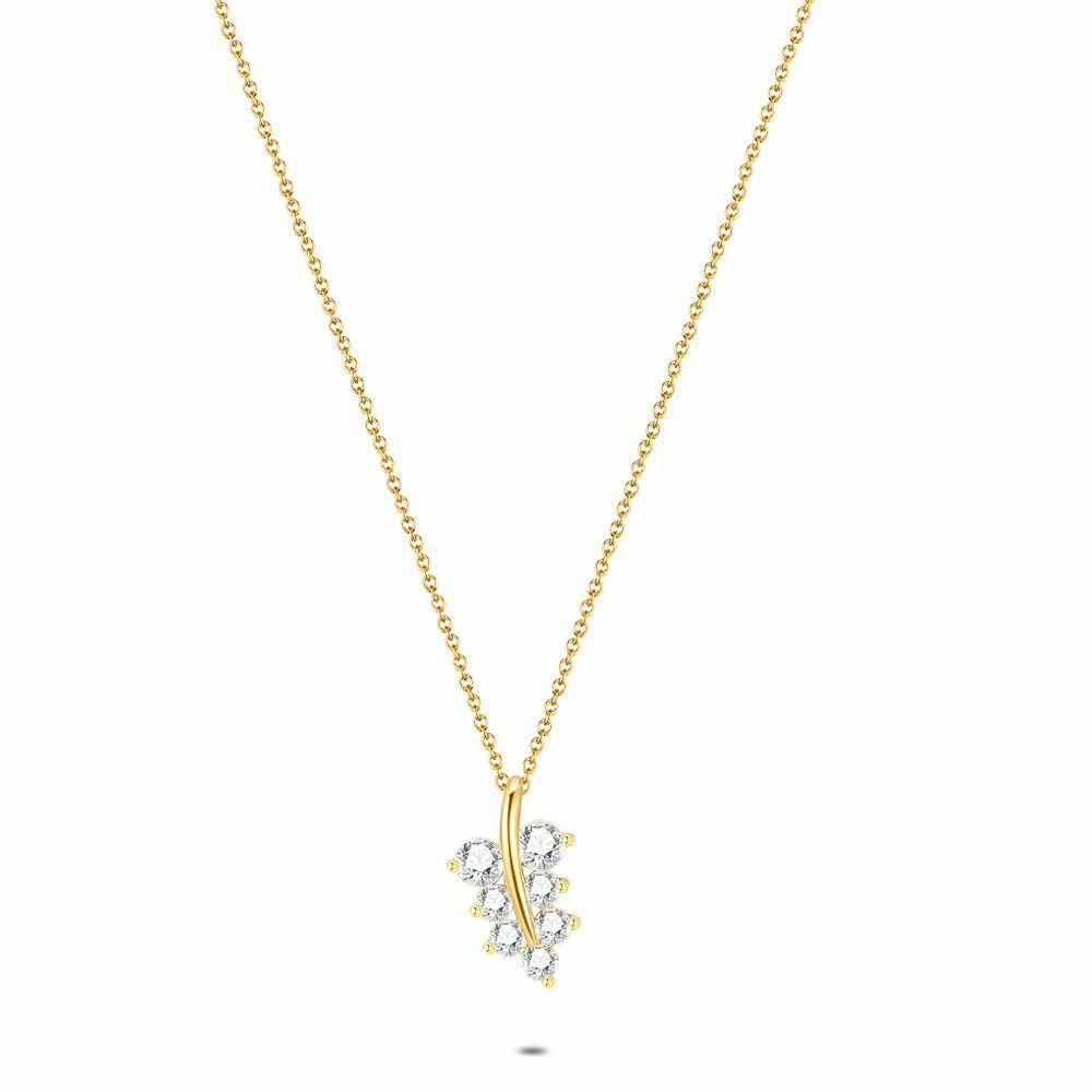 Necklaces | Gold Coloured Stainless Steel Necklace, Leaf, Zirconia Necklaces Necklaces