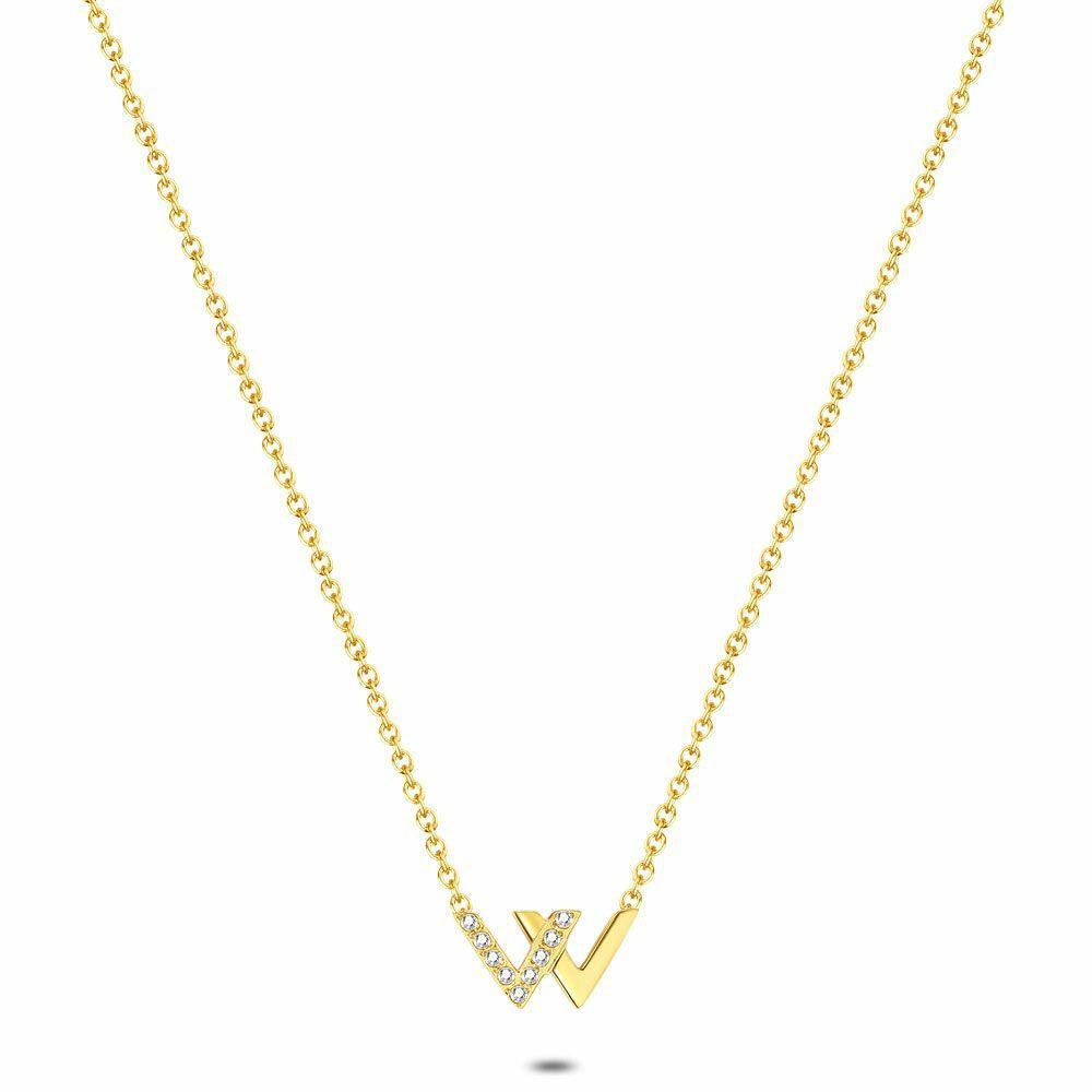 Necklaces | Gold Coloured Stainless Steel Necklace, Letter W With Stones, Length Is Adjustable. Necklaces Necklaces