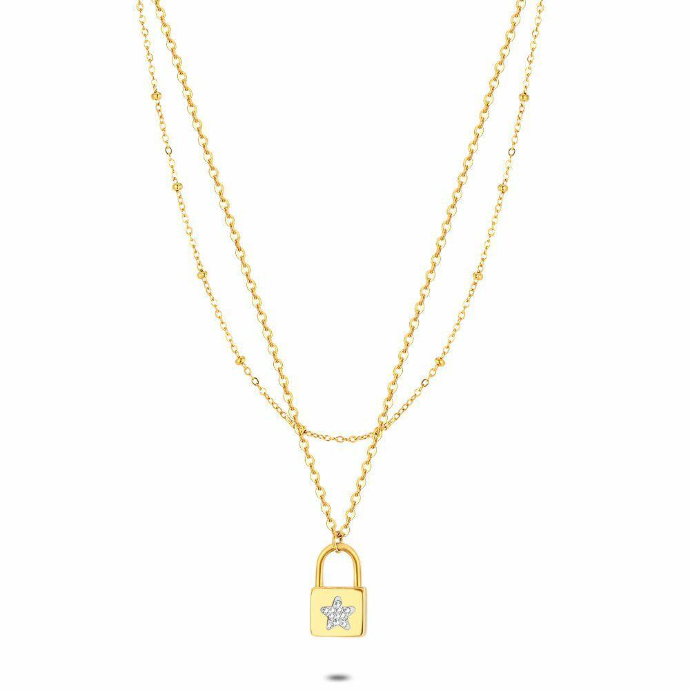 Necklaces | Gold Coloured Stainless Steel Necklace, Lock And Star Necklaces Necklaces