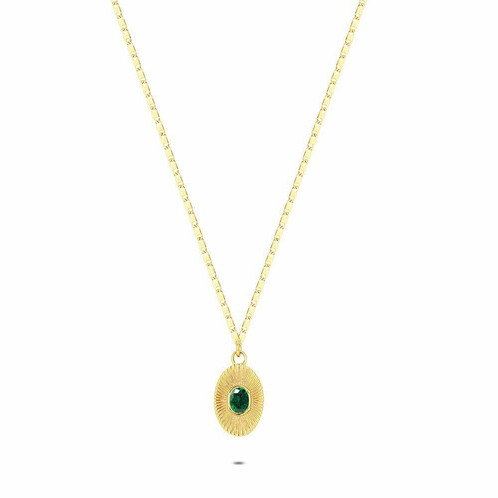 Necklaces | Gold Coloured Stainless Steel Necklace, Oval, Green Crystal Necklaces Necklaces