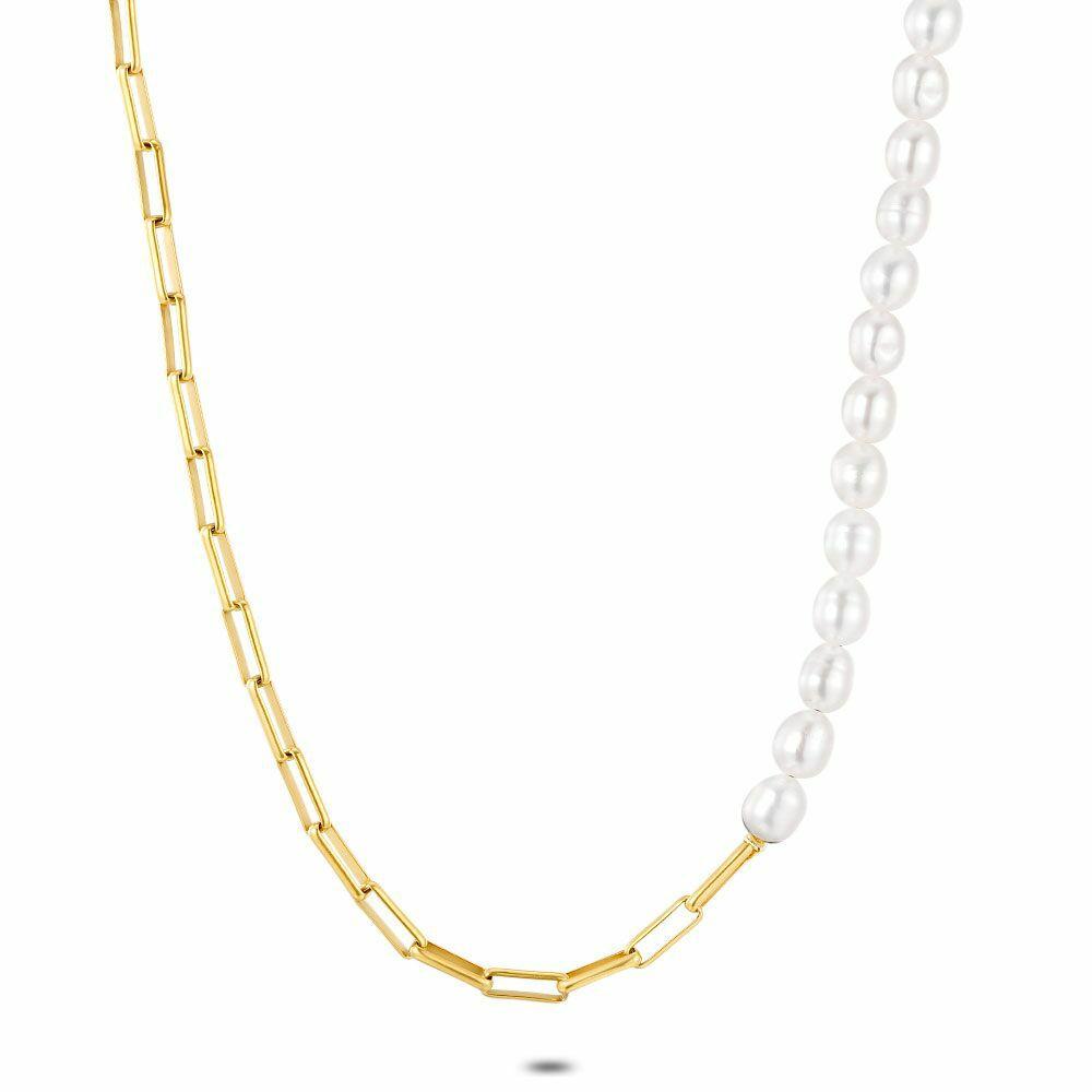 Necklaces | Gold Coloured Stainless Steel Necklace, Oval Link Chain, 20 Freshwater Pearls Necklaces Necklaces