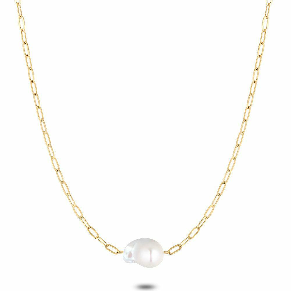 Necklaces | Gold Coloured Stainless Steel Necklace, Oval Links, 1 Big Pearl Necklaces Necklaces