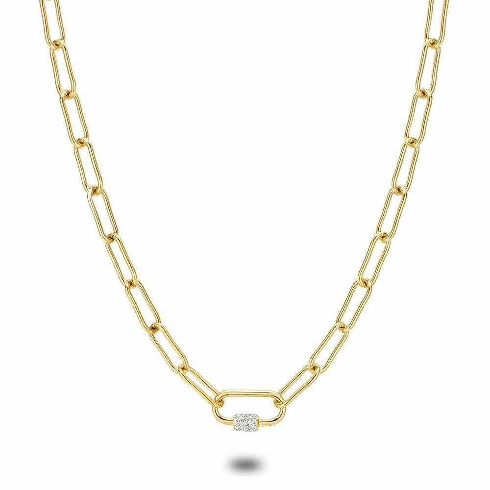 Necklaces | Gold Coloured Stainless Steel Necklace, Oval Links, 1 Oval Link With Wite Crystals Necklaces Necklaces